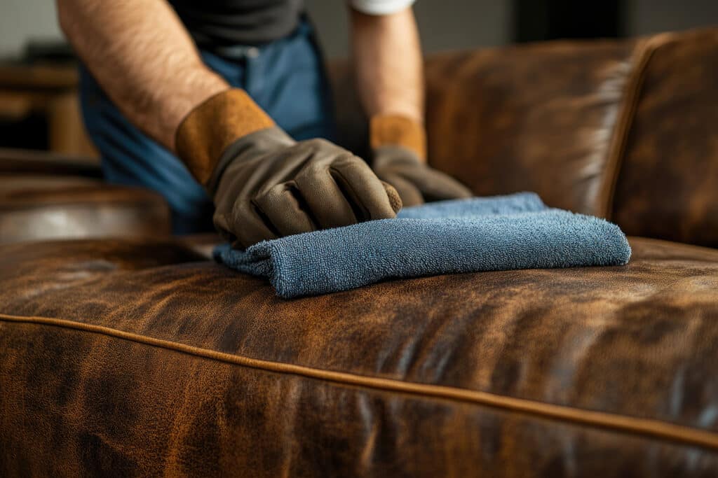 closeup of hand cleaning leather couch