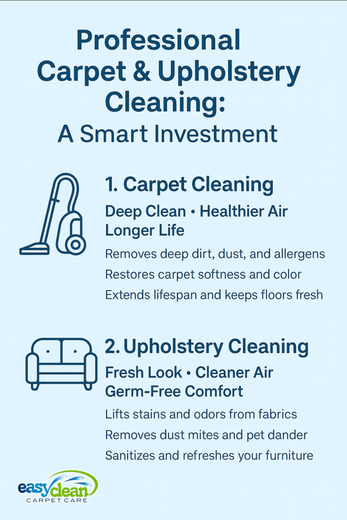 Carpet & Upholstery Cleaning Infographic | Easy Clean Carpet Care infographic showing the benefits of professional carpet & upholstery cleaning, emphasizing deep cleaning, air quality, and freshness.