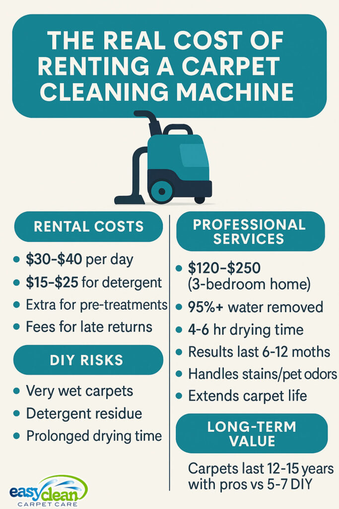 infographic comparing the real cost of renting a carpet cleaning machine versus professional carpet cleaning services, including upfront, hidden, and long-term costs.