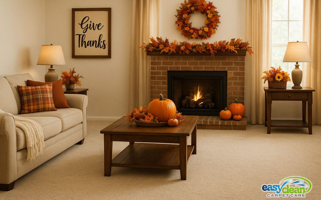 A cozy living room decorated for Thanksgiving with clean carpets, warm autumn colors, and soft lighting — a perfect example of holiday carpet cleaning before guests arrive.