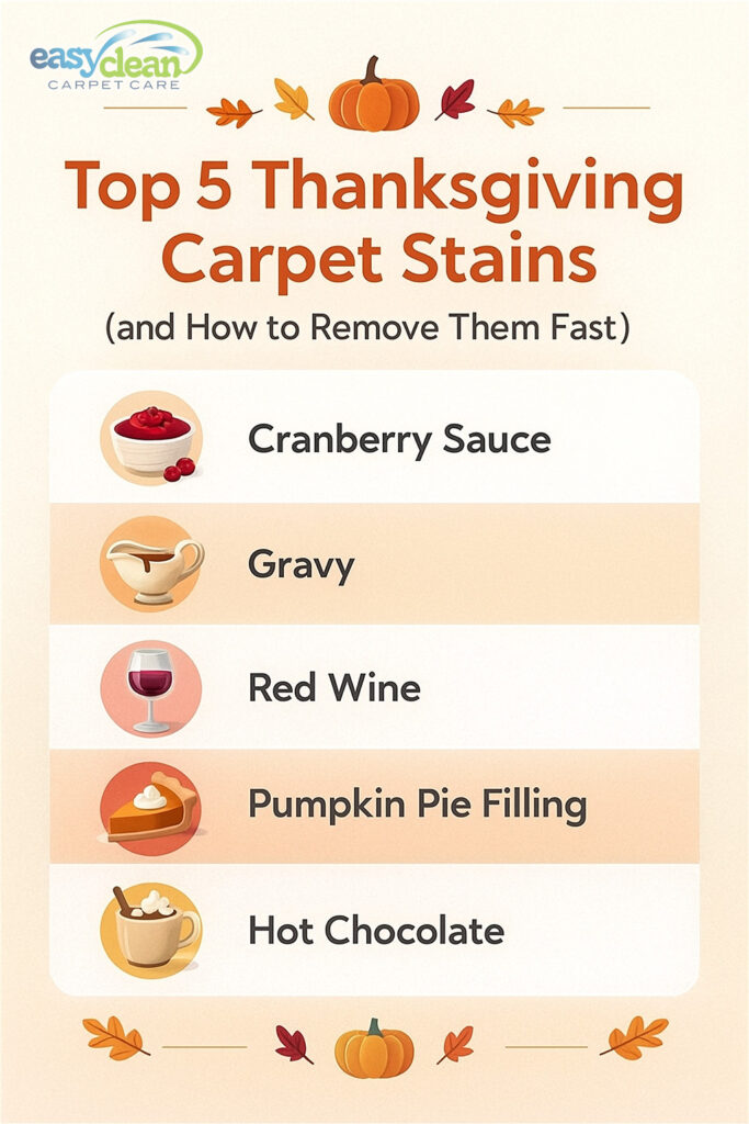a simple thanksgiving infographic that lists the top holiday carpet stains, such as cranberry sauce, gravy, red wine, pumpkin pie filling, and hot chocolate.