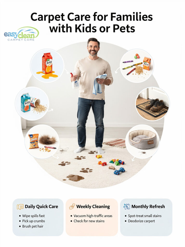 a friendly dad stands on a family living room carpet surrounded by kid and pet mess icons, illustrating practical carpet care tips for sacramento families.