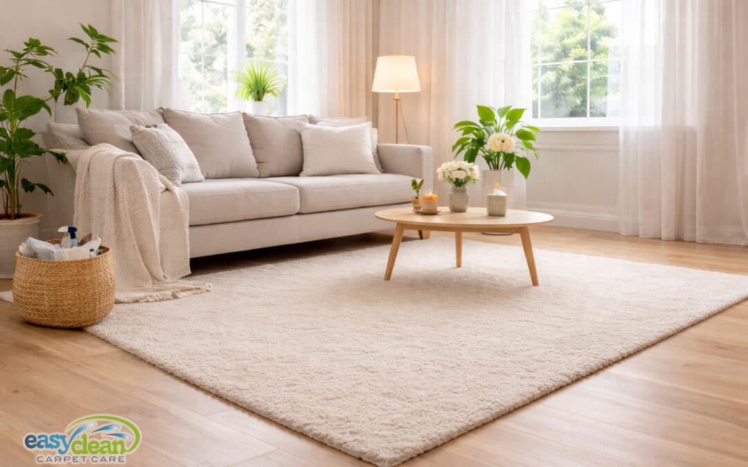 A bright, clean living room with freshly vacuumed carpets and neutral décor, showing the results of pre-holiday carpet cleaning before guests arrive.