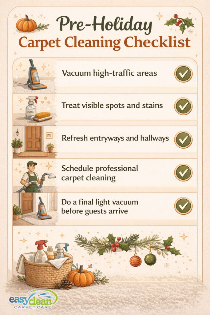 Pre Holiday Carpet Cleaning Checklist Infographic | Easy Clean Carpet Care a pre-holiday carpet cleaning checklist infographic highlighting simple steps homeowners can follow to prepare carpets for holiday gatherings.