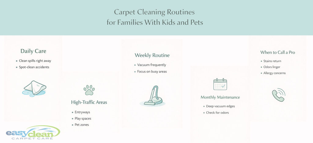 infographic showing simple carpet cleaning routines for families with kids or pets, including daily care, weekly vacuuming, monthly maintenance, and when to call a professional.