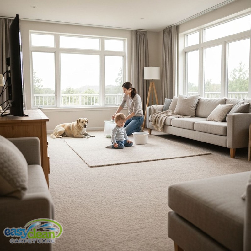 a family-friendly living room showing carpet cleaning routines in a home with a young child and a dog resting on clean carpet.