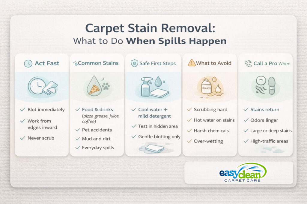 carpet stain removal infographic for sacramento homeowners, outlining safe cleaning steps for everyday spills and when professional help is needed.