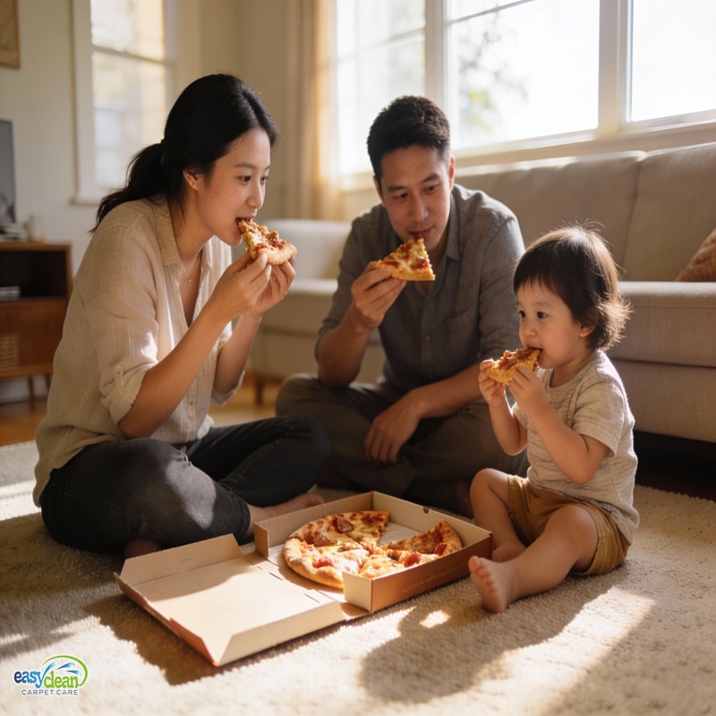 family sitting on wall-to-wall carpet while eating together, representing real-life moments that often lead to carpet stain removal needs in busy sacramento homes.