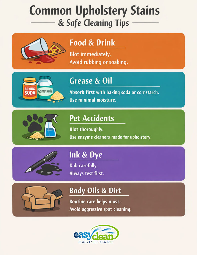Remove Upholstery Stains Infographic | Easy Clean Carpet Care an easy-to-scan infographic explaining how to remove upholstery stains safely, with simple tips for common furniture stains in busy homes.