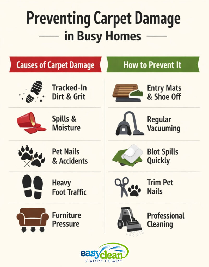 Carpet Damage Infographic | Easy Clean Carpet Care infographic showing common causes of carpet damage in busy homes and simple ways to prevent wear, including vacuuming, entry mats, spill cleanup, and professional carpet cleaning.