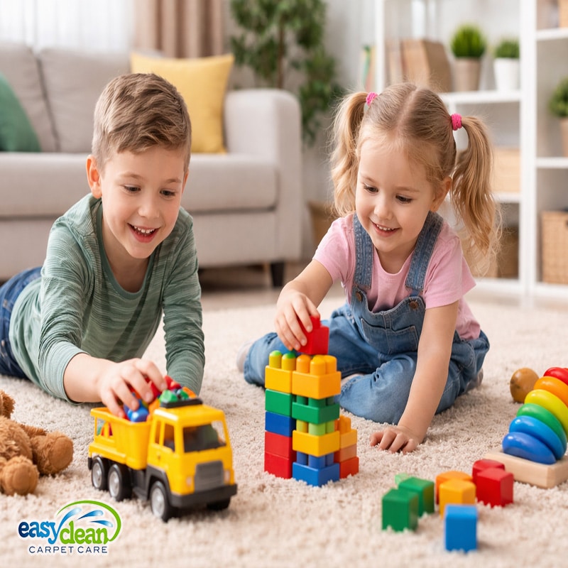 children playing on a carpeted family room floor, showing why preventing carpet damage matters in busy households with kids.