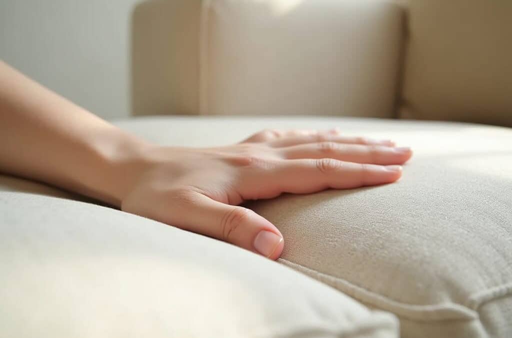 Hands gently pressing a light-colored sofa cushion to illustrate how often upholstery cleaning should be scheduled to maintain fabric freshness.