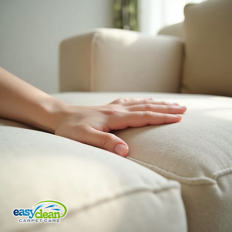 hands gently pressing a light-colored sofa cushion to illustrate how often upholstery cleaning should be scheduled to maintain fabric freshness.