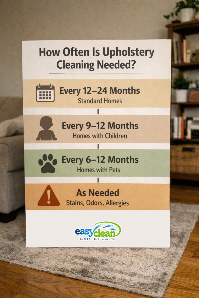 infographic showing how often upholstery cleaning is needed, with recommended timelines for standard homes, homes with pets, and homes with children.