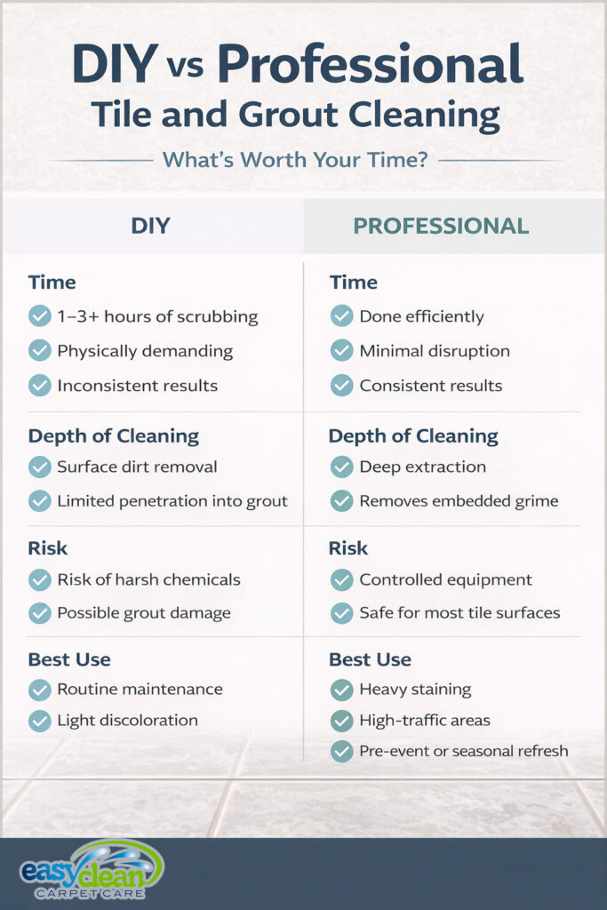Tile and Grout Cleaning Infographic | Easy Clean Carpet Care diy vs professional tile and grout cleaning infographic comparing time, depth of cleaning, risk, and best use for each option.