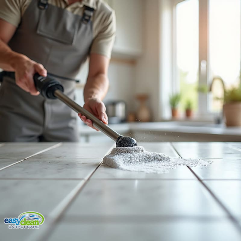 tile and grout cleaning in progress on a kitchen countertop, showing foamy cleaning solution being worked into grout lines.