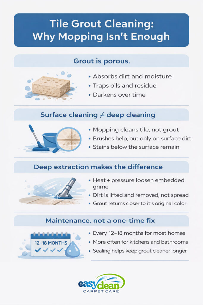 infographic explaining tile grout cleaning, showing why grout stays dirty after mopping and how professional deep cleaning removes embedded dirt and stains.