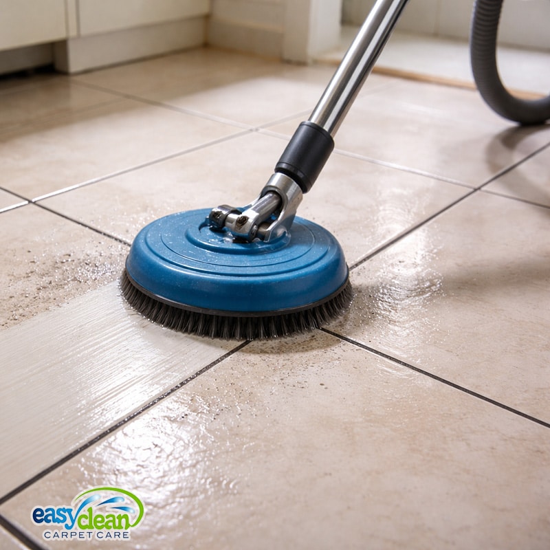 professional tile grout cleaning in progress, showing specialized equipment removing deep dirt from grout lines on a tile floor.