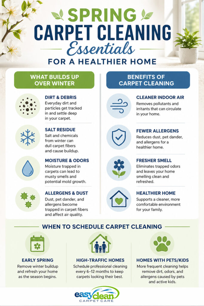 Spring Carpet Cleaning Infographic | Easy Clean Carpet Care infographic showing spring carpet cleaning essentials, including winter buildup, benefits of carpet cleaning, and recommended cleaning schedule for a healthier home