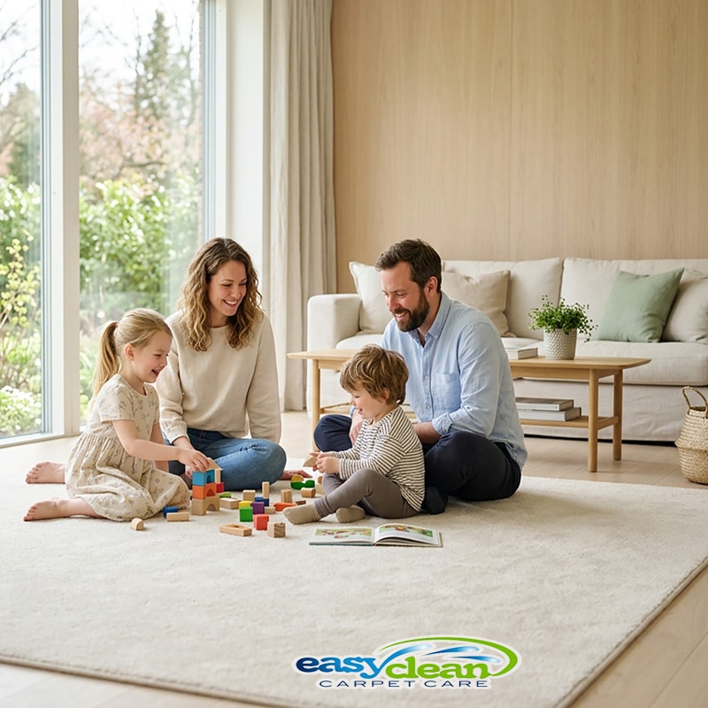 family sitting on a clean carpet in a bright living room during spring, showing the benefits of professional carpet cleaning in a healthy home.