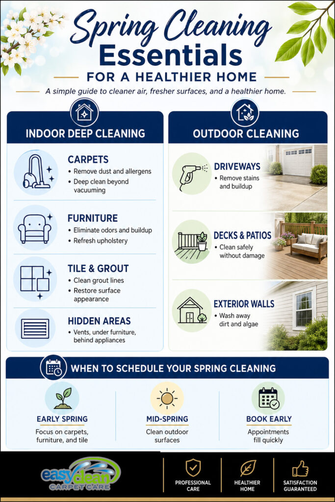 Spring Cleaning Infographic | Easy Clean Carpet Care spring cleaning essentials infographic showing indoor and outdoor cleaning tips for a healthier home in sacramento.