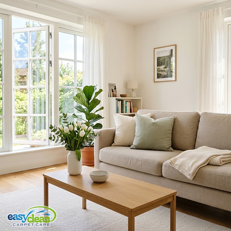 bright, freshly cleaned living room with natural light and clean carpet, representing spring cleaning for a healthier home