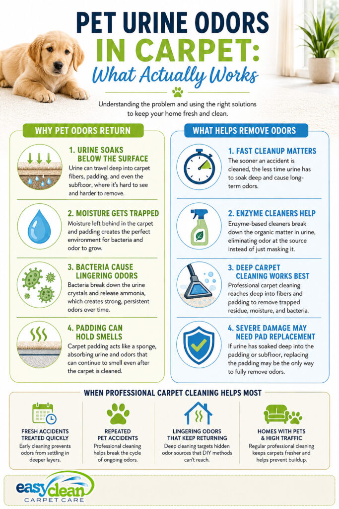 Pet Urine Odors in Carpets Infographic | Easy Clean Carpet Care infographic explaining why pet urine odors return in carpet, what helps remove odors, and when professional carpet cleaning works best