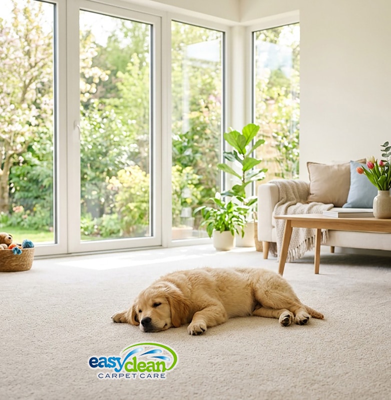 golden retriever puppy resting on a clean carpet in a bright living room, showing the benefits of professional carpet cleaning for pet-friendly homes